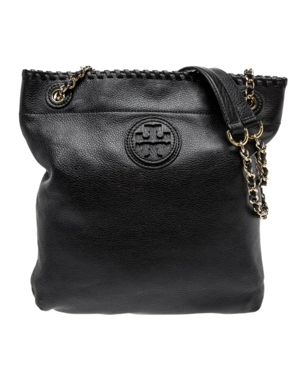 Tory Burch Marion Black Leather Slouchy Tote Hobo Chain Whipstitch W Dust Bag